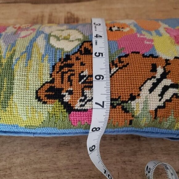 Vintage Hand-Stitched Needlepoint Pillow Tiger Cubs Tulip Flowers Baby Nursery - Picture 5 of 13